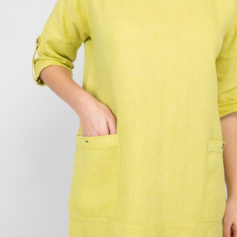 salad green linen dress, pockets on front