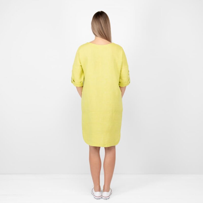 salad green linen dress, from backside