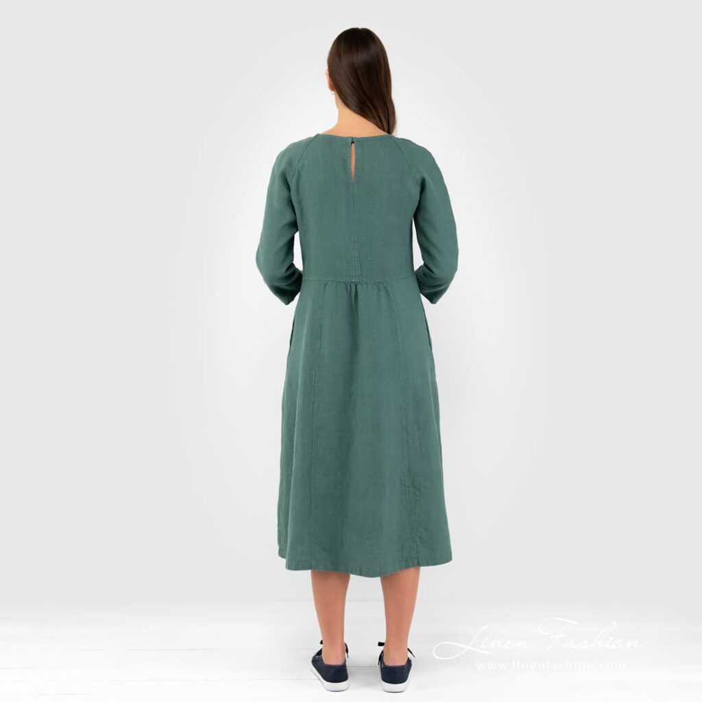 DELFINA Sukienka ciemnozielona 4 100% linen dress in green.