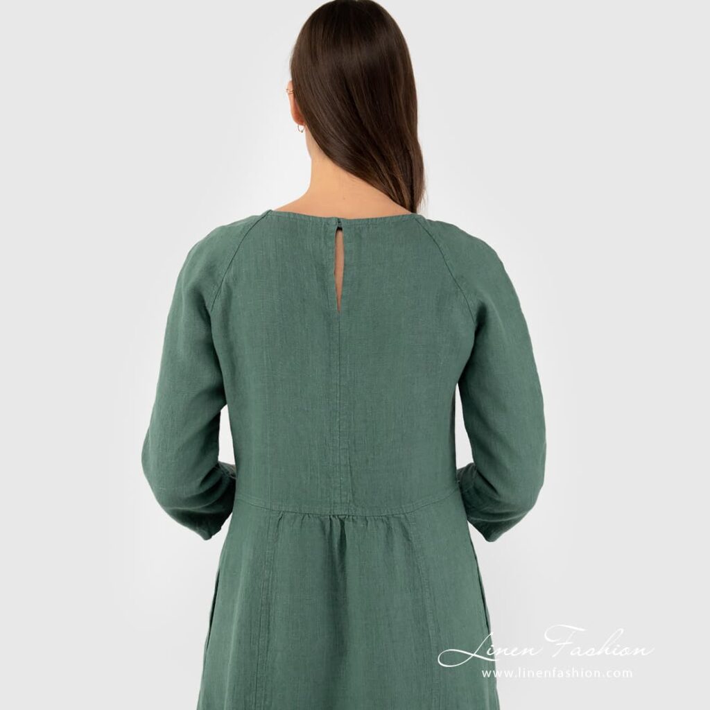 DELFINA Sukienka ciemnozielona 5 Green coloured linen dress.