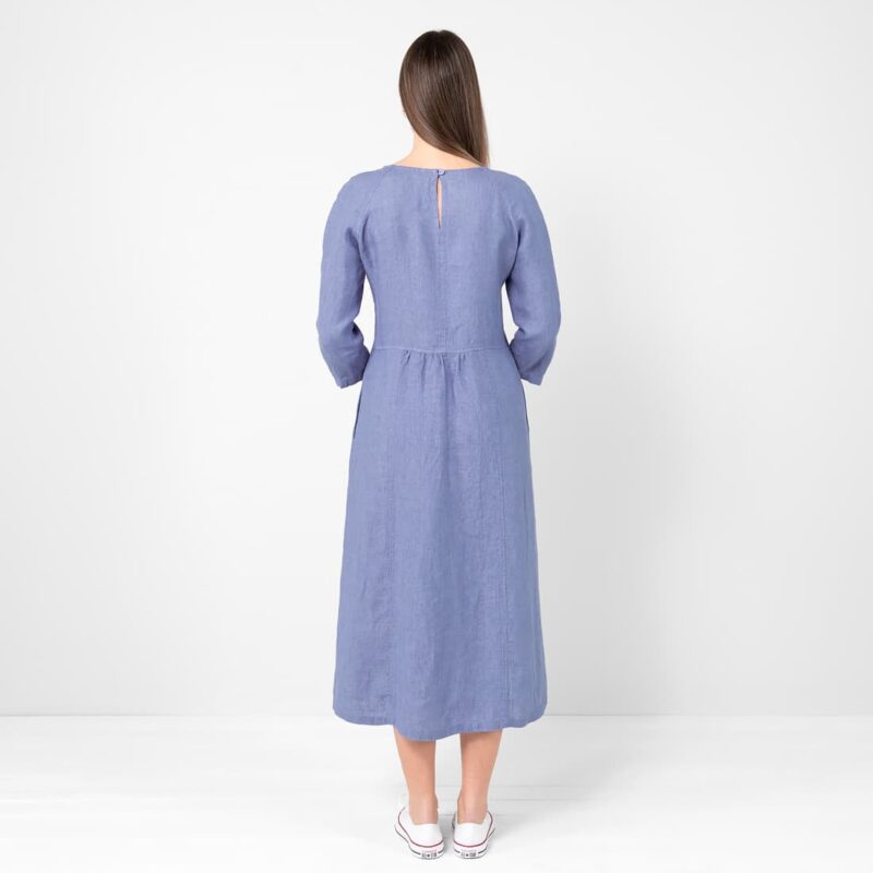 Blue linen dress, button closure on back