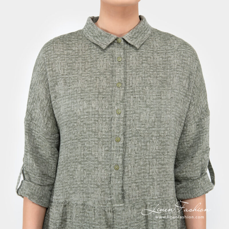 moss green linen dress with collar and buttons.