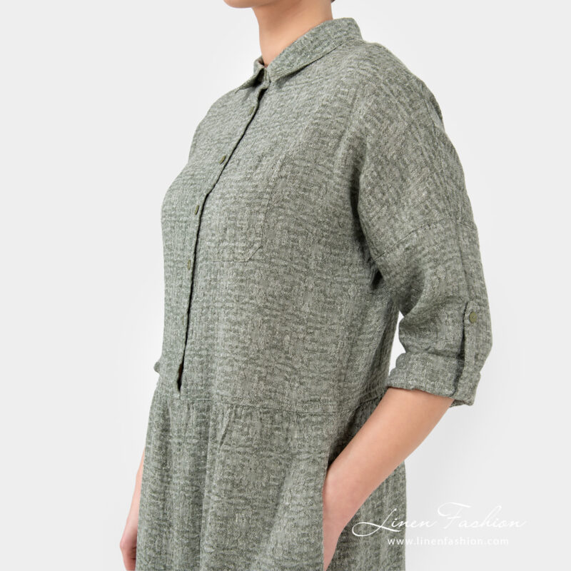 moss green linen dress with 3/4 sleeves.