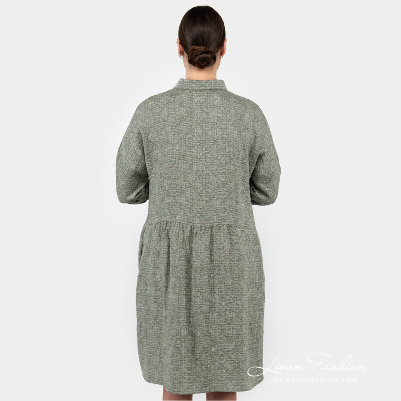 moss green linen dress from backside.