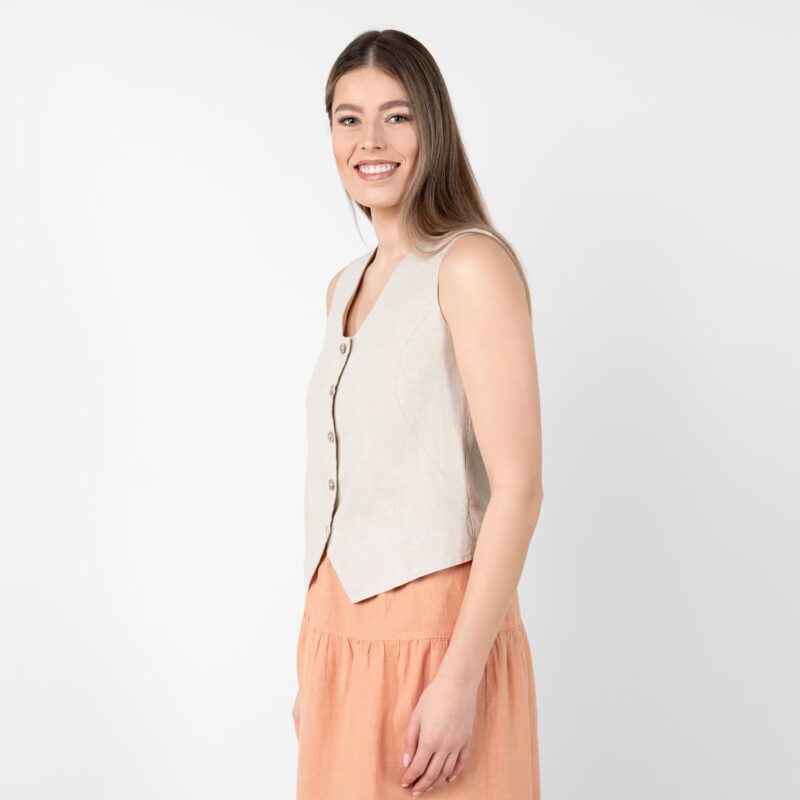 Linen vest beige with buttons, 100% linen