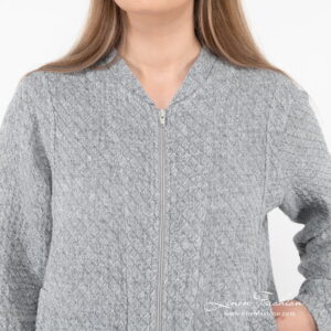 linen bomber jacket with zipper closure.