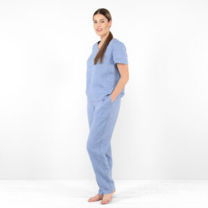 linen blue pants home wear from one side.