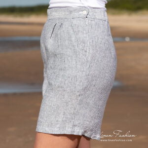 linen striped shorts with zip and button on side.