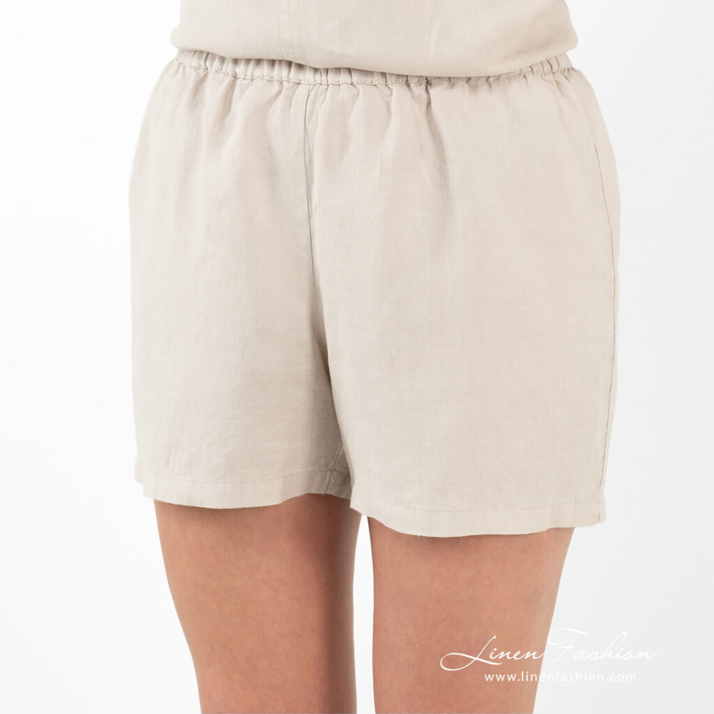 beige linen shorts.