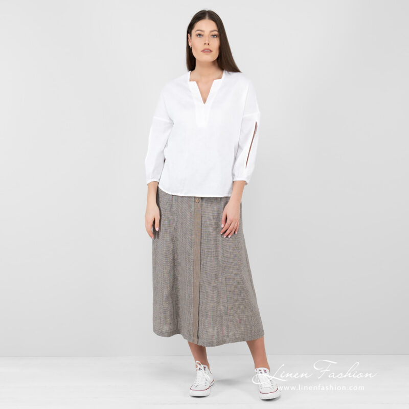 linen long checked shirt, full view.