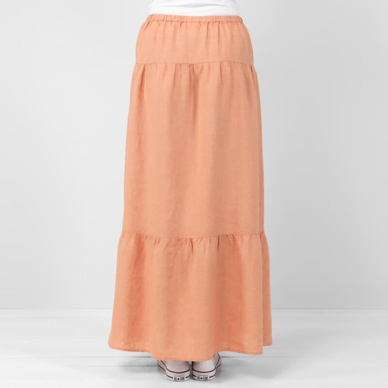 Long maxi linen light orange skirt, elastic waist