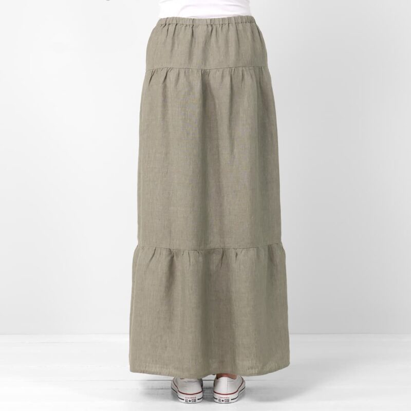 Long maxi linen grey-green skirt, elastic waist