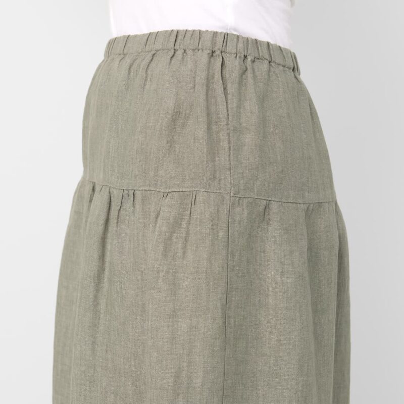 Long maxi linen grey-green skirt, gathered fabric