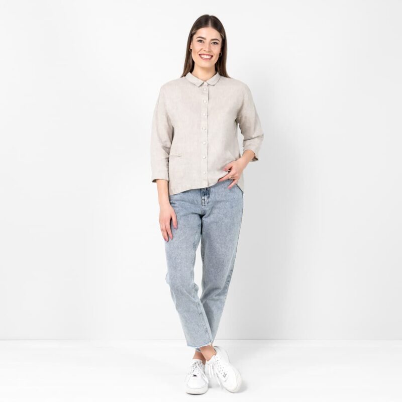 Beige linen shirt blouse, straight silhouette