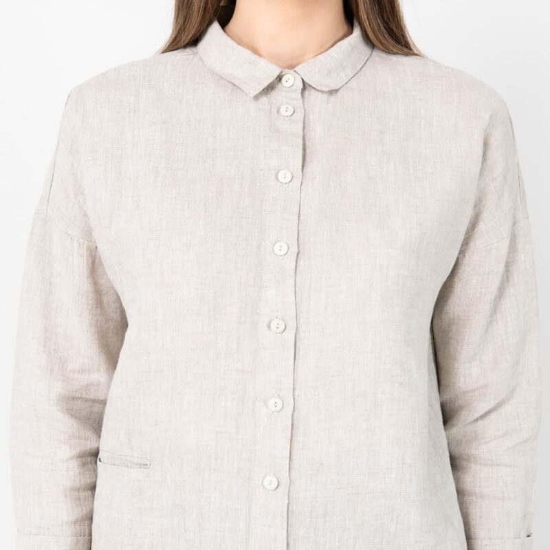 Beige linen shirt blouse, classic shirt collar