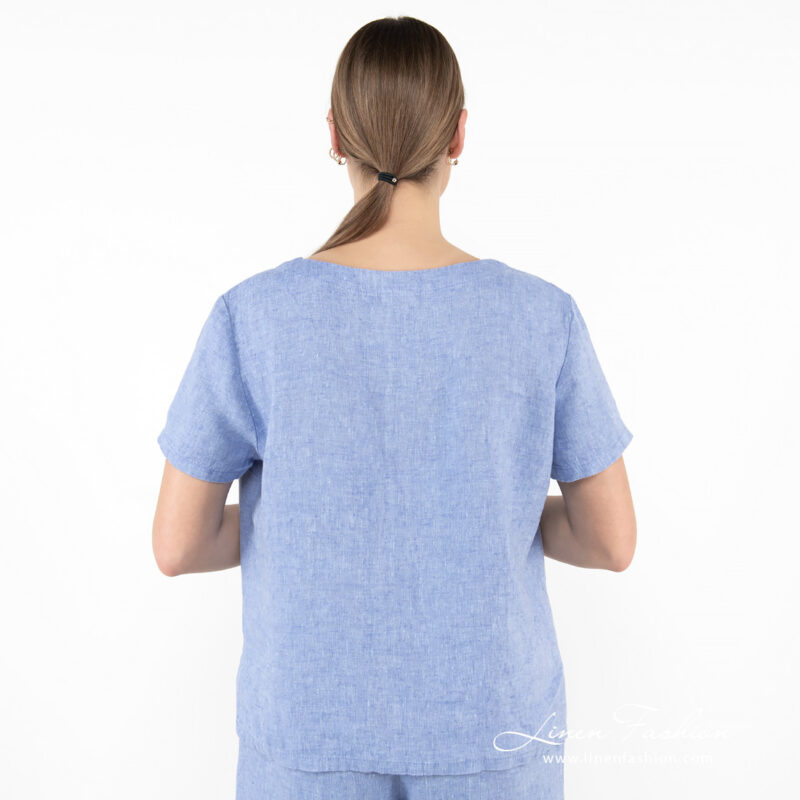 linen blue blouse short sleeves from backside.