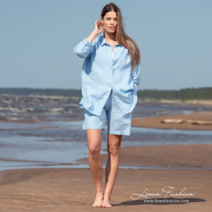 blue linen shirts with shorts, full view.