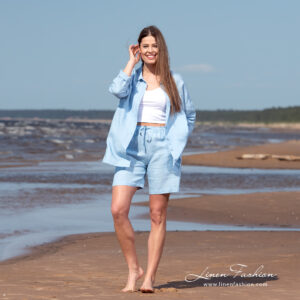 blue linen shirts with shorts.