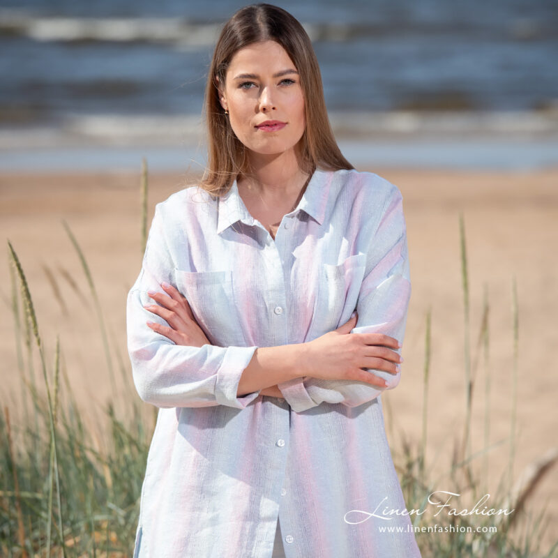 linen striped blouse with long sleeves.
