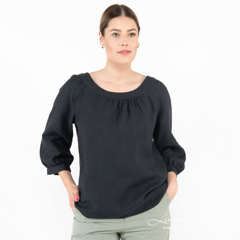 navy linen blouse with 3/4 sleeves.