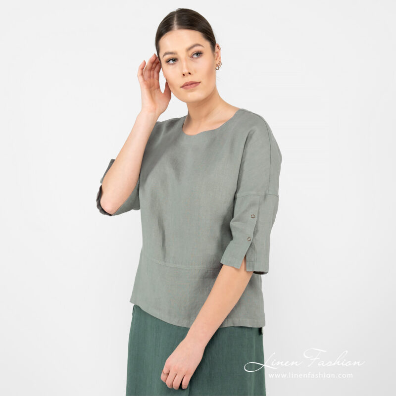 linen green blouse with sleeves, washed.