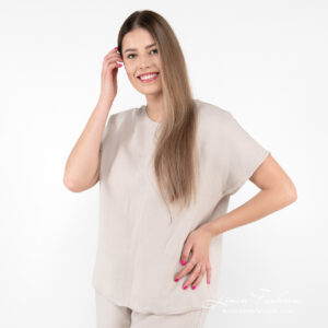 beige linen blouse with short sleeves.