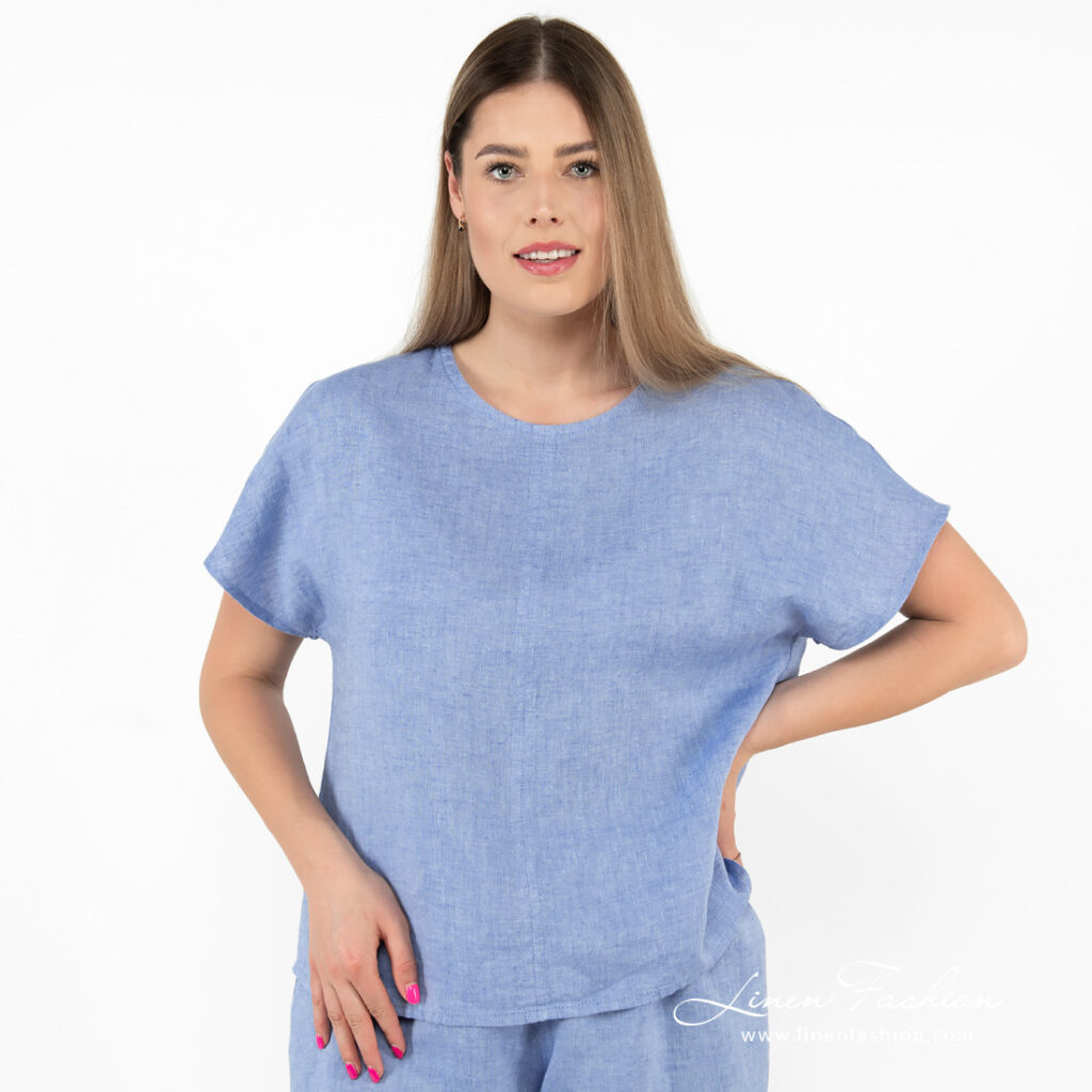 linen blue blouse, leisure clothing.