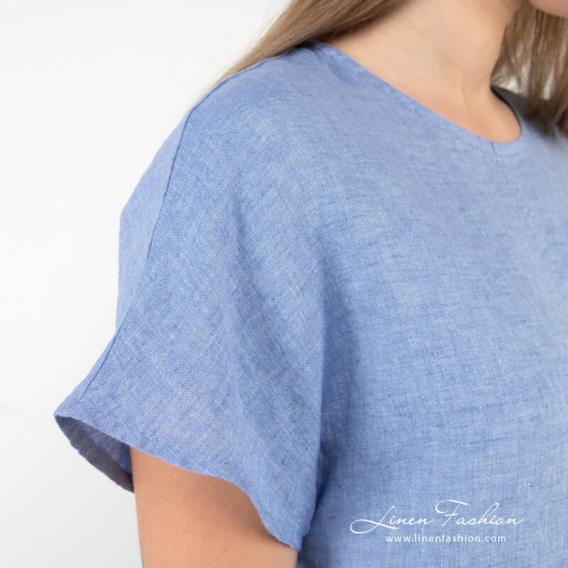 linen blue blouse, short sleeves.