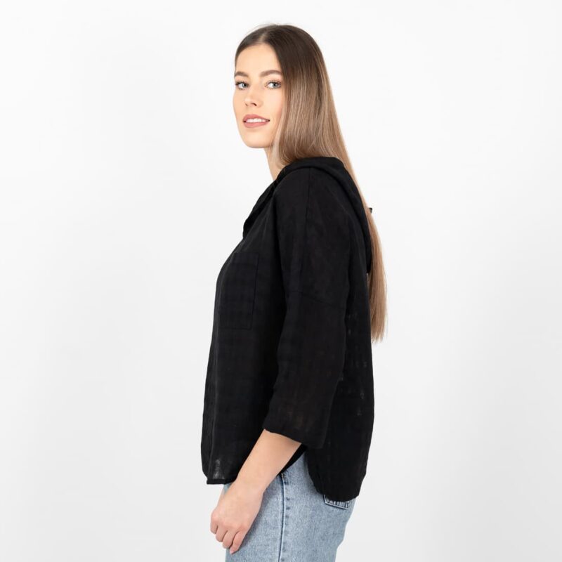 black linen blouse with hoodie, 3/4 sleeves