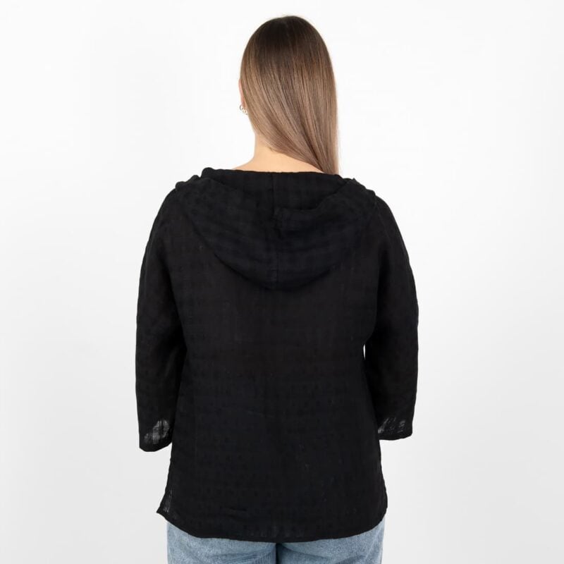 black linen blouse with hoodie, from backside