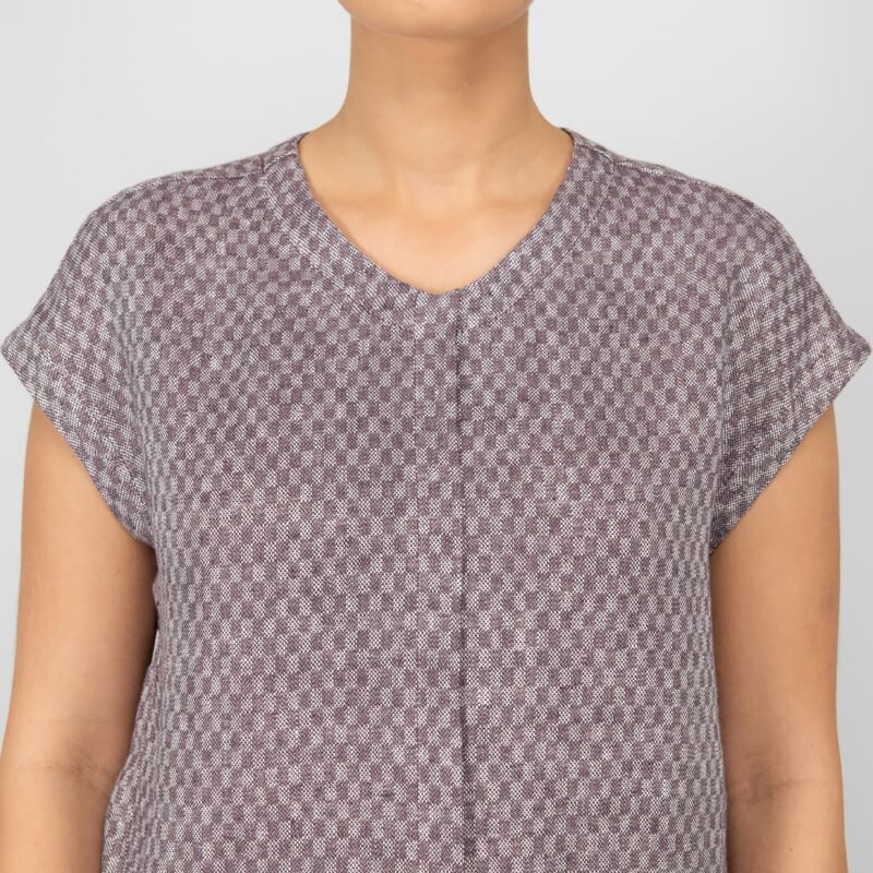 linen violet blouse in checks round collar