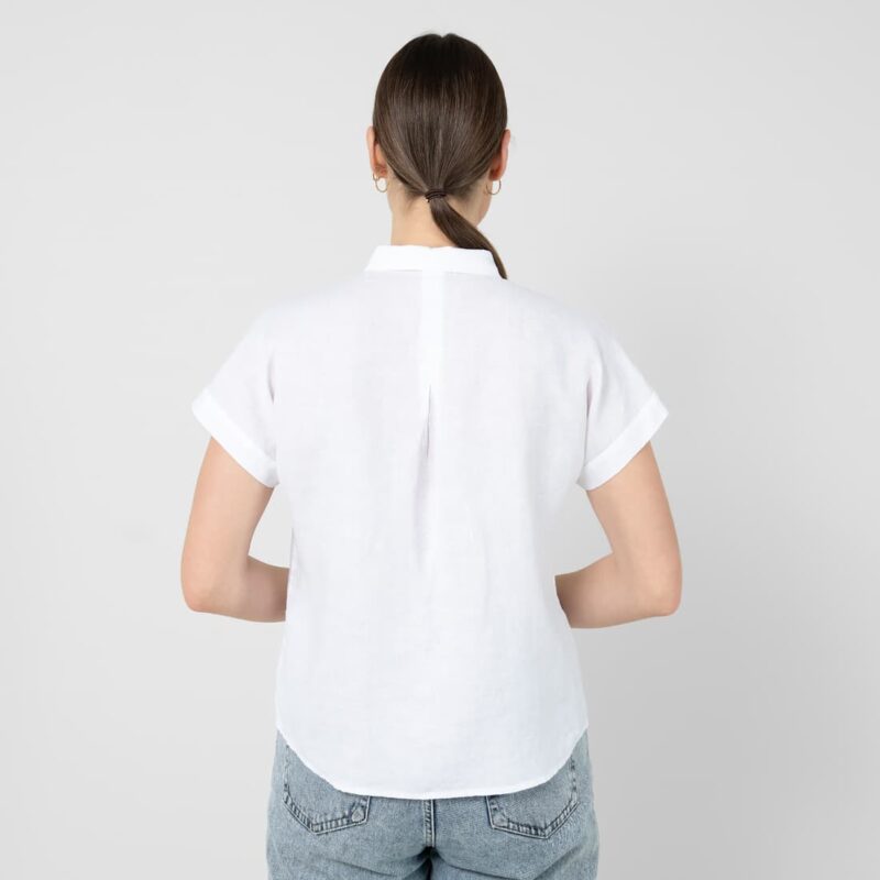 Optical white linen shirt, longer rounded back hem