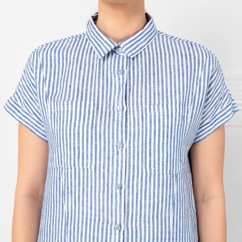 Striped blue white linen shirt, classic collar