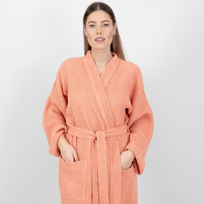 linen cotton peach bathrobe front side.