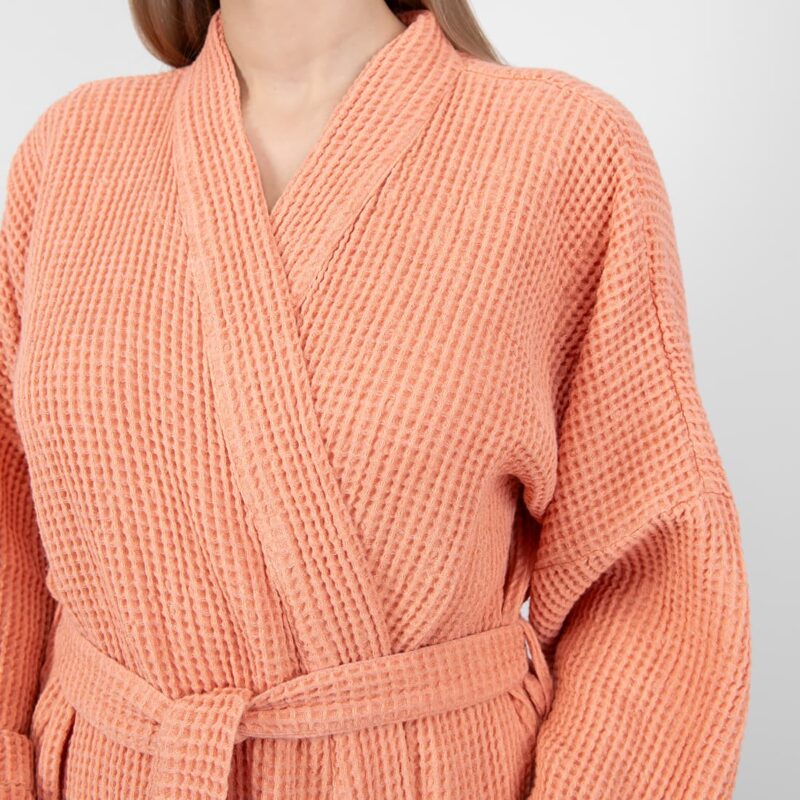 linen cotton peach bathrobe, simple collar.