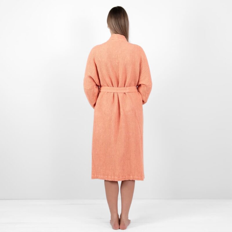 linen cotton peach bathrobe from backside.