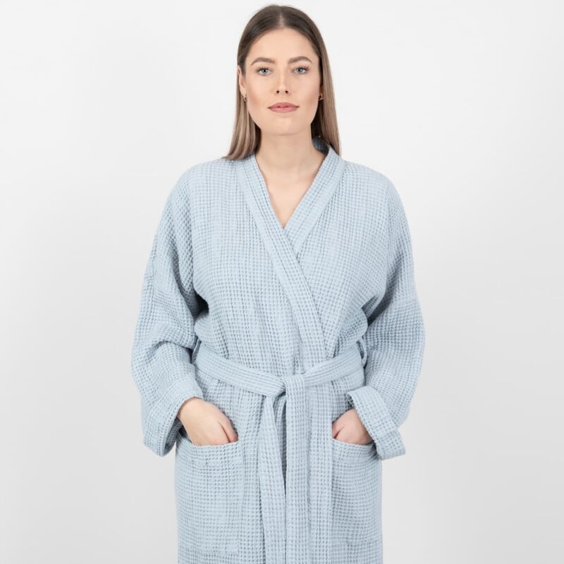 linen cotton blue grey bathrobe with pockets.