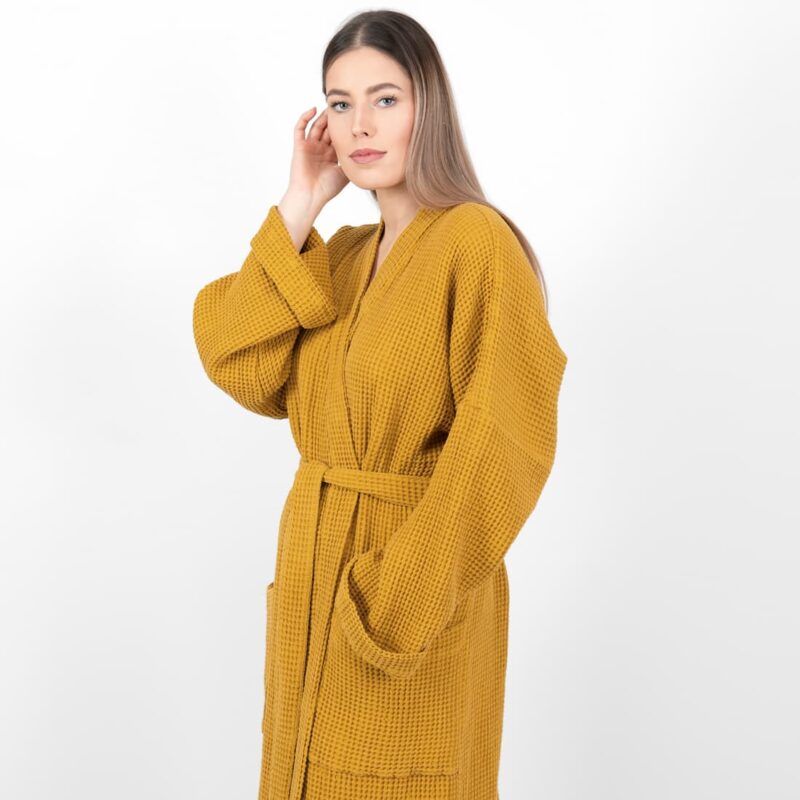 linen cotton mustard bathrobe waffle structure.