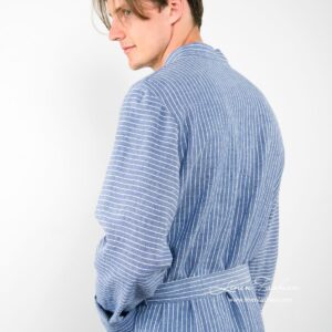 Linen mens bathrobe, aras, blue.