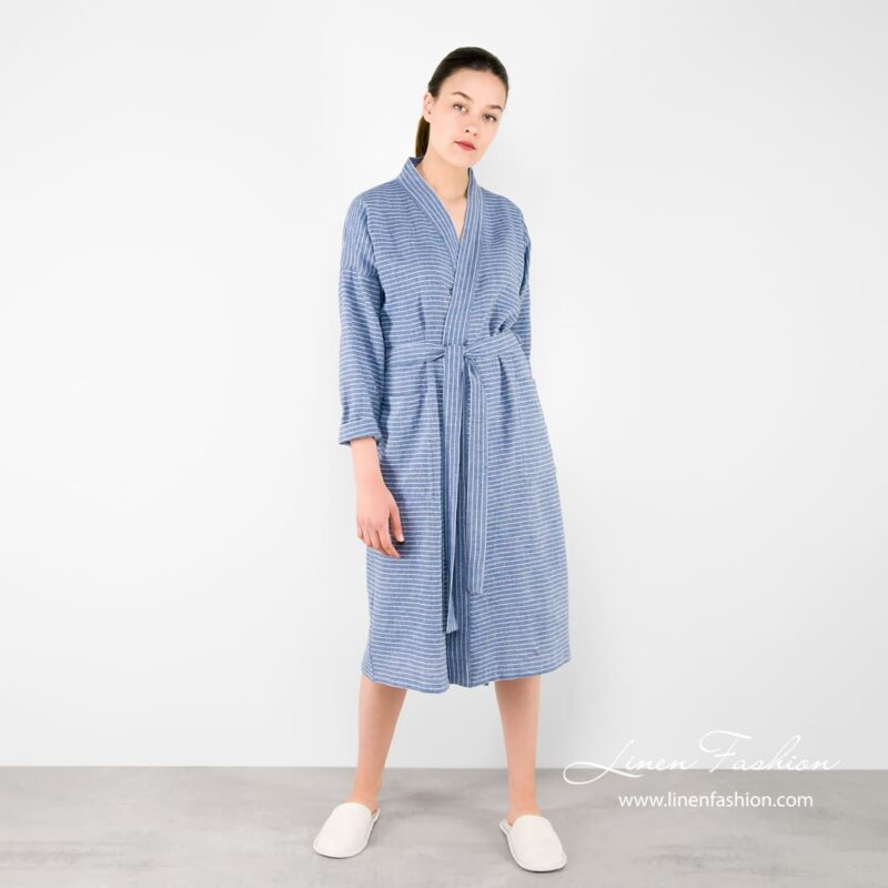 Linen womens bathrobe in blue color.