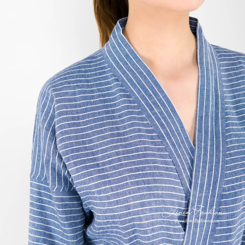 Stiped blue linen womens bathrobe.