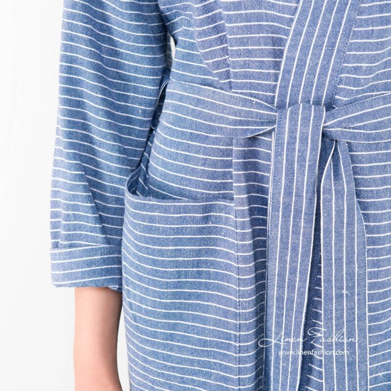 Linen womens robe in blue with a belt