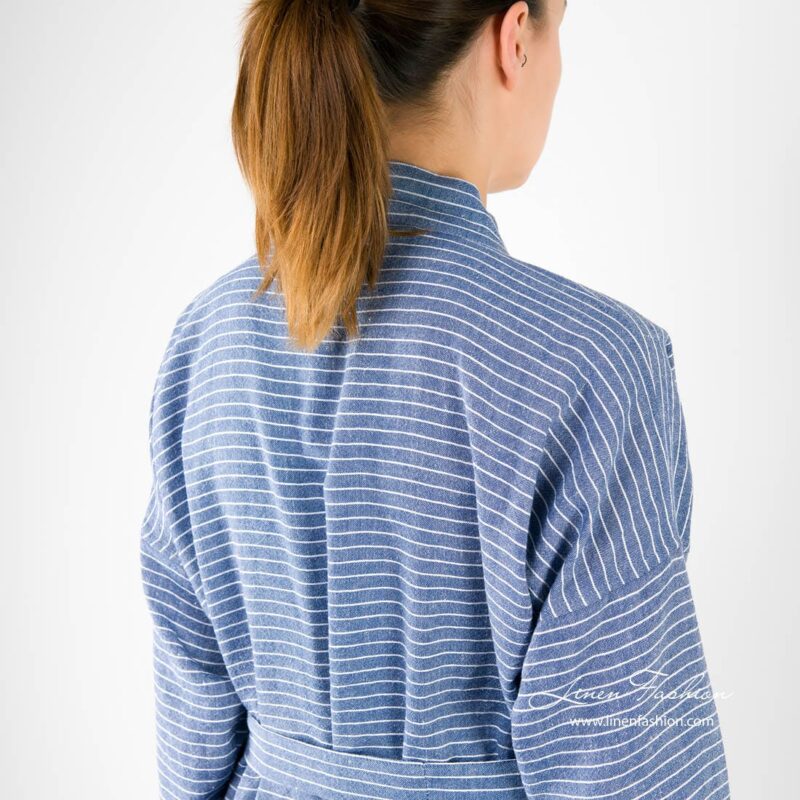 Linen womens bathrobe in blue with stripes.