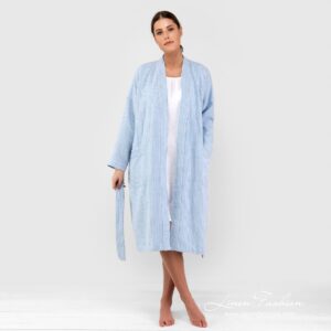 AIRA blue linen cotton bathrobe with belt