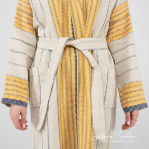 linen cotton beige striped bathrobe pockets.