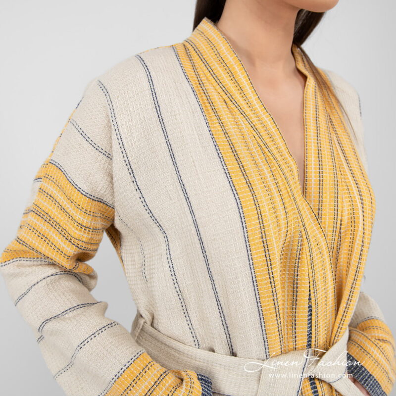 linen cotton beige striped bathrobe yellow blue.