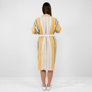 linen cotton beige striped bathrobe from backside.