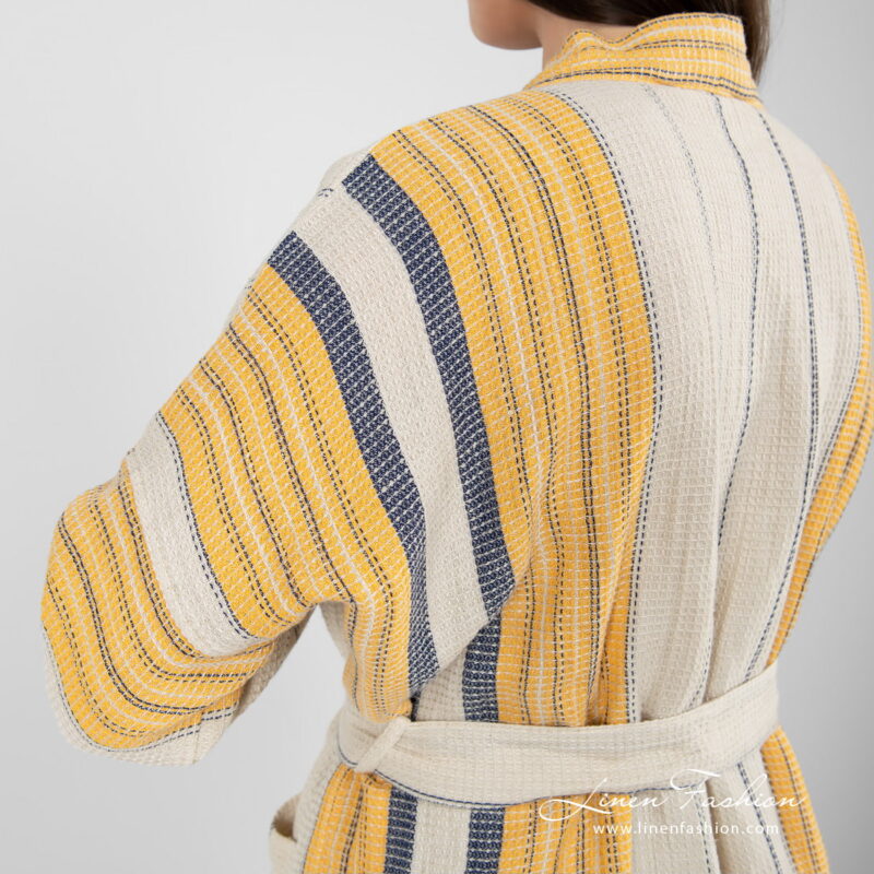 linen cotton beige striped bathrobe, waffle design.