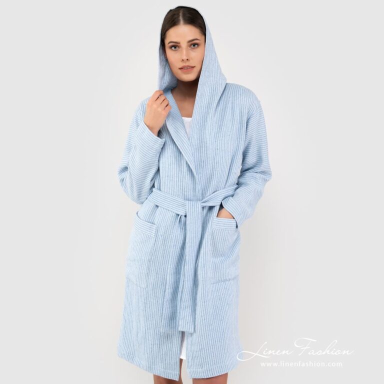 AIRA blue linen cotton bathrobe with hoodie