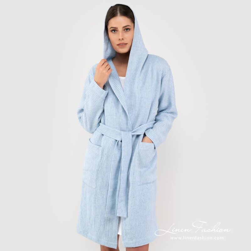 AIRA blue linen cotton bathrobe with hoodie